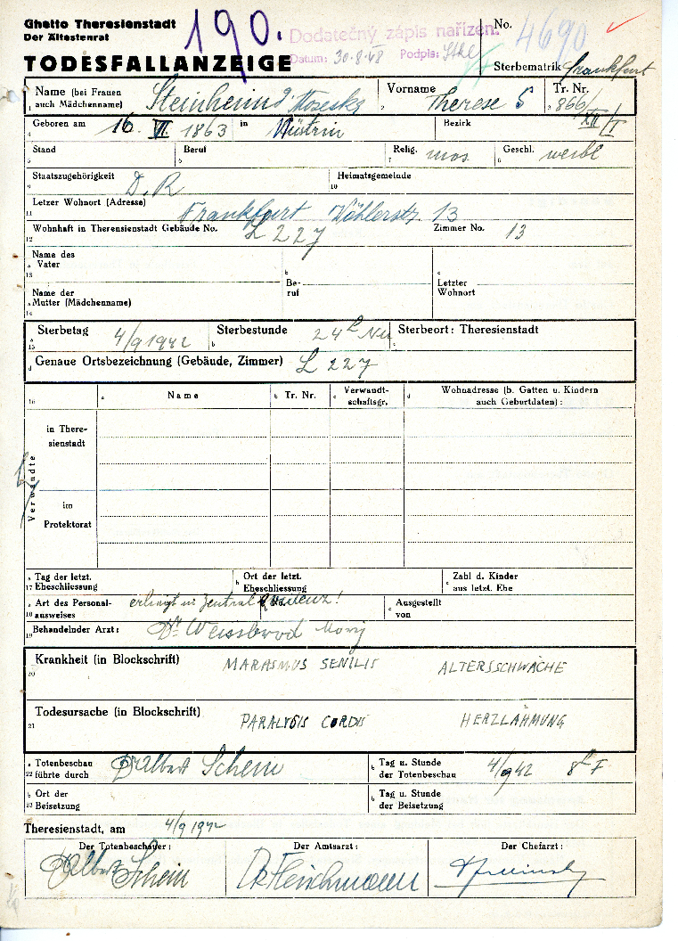 Todesfallanzeige für Therese Steinheim, Theresienstadt 04.09.1942 (Nationalarchiv Prag HBMa, Inv. Nr. 2596 - digitalisiert von der Theresienstadt Initiative Prag)